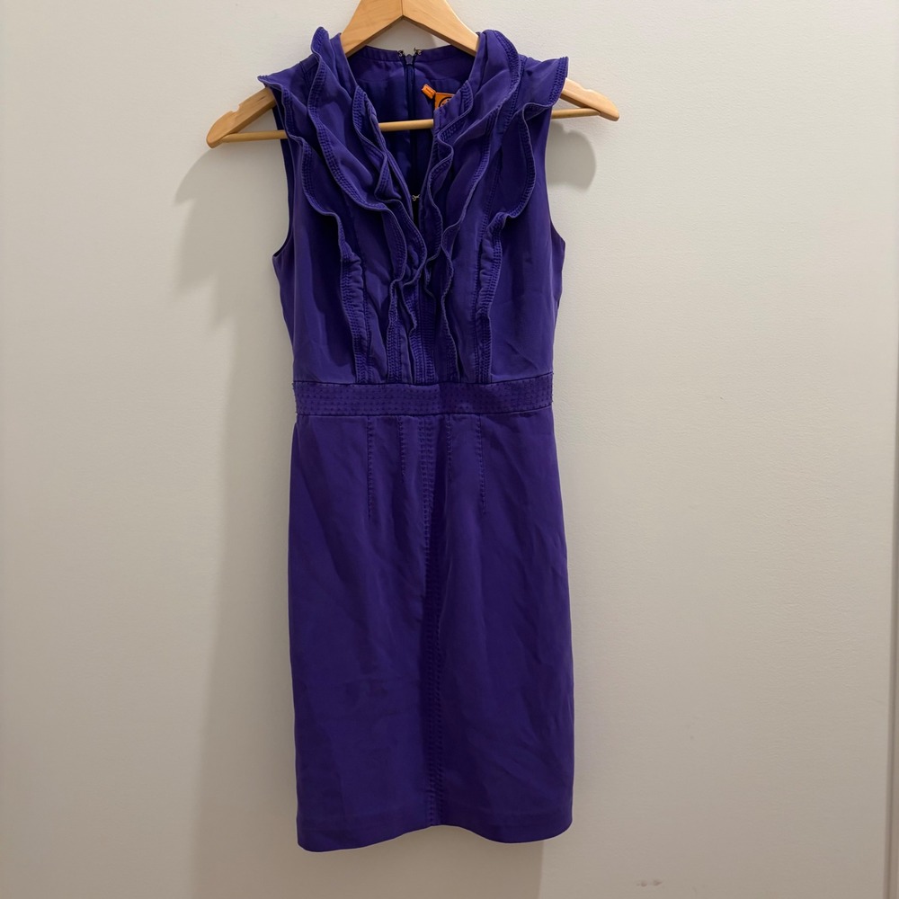 Tory Burch Purple Ruffle Sleeveless Sheath Dress Size 0 Mini Embroidery Zip Back